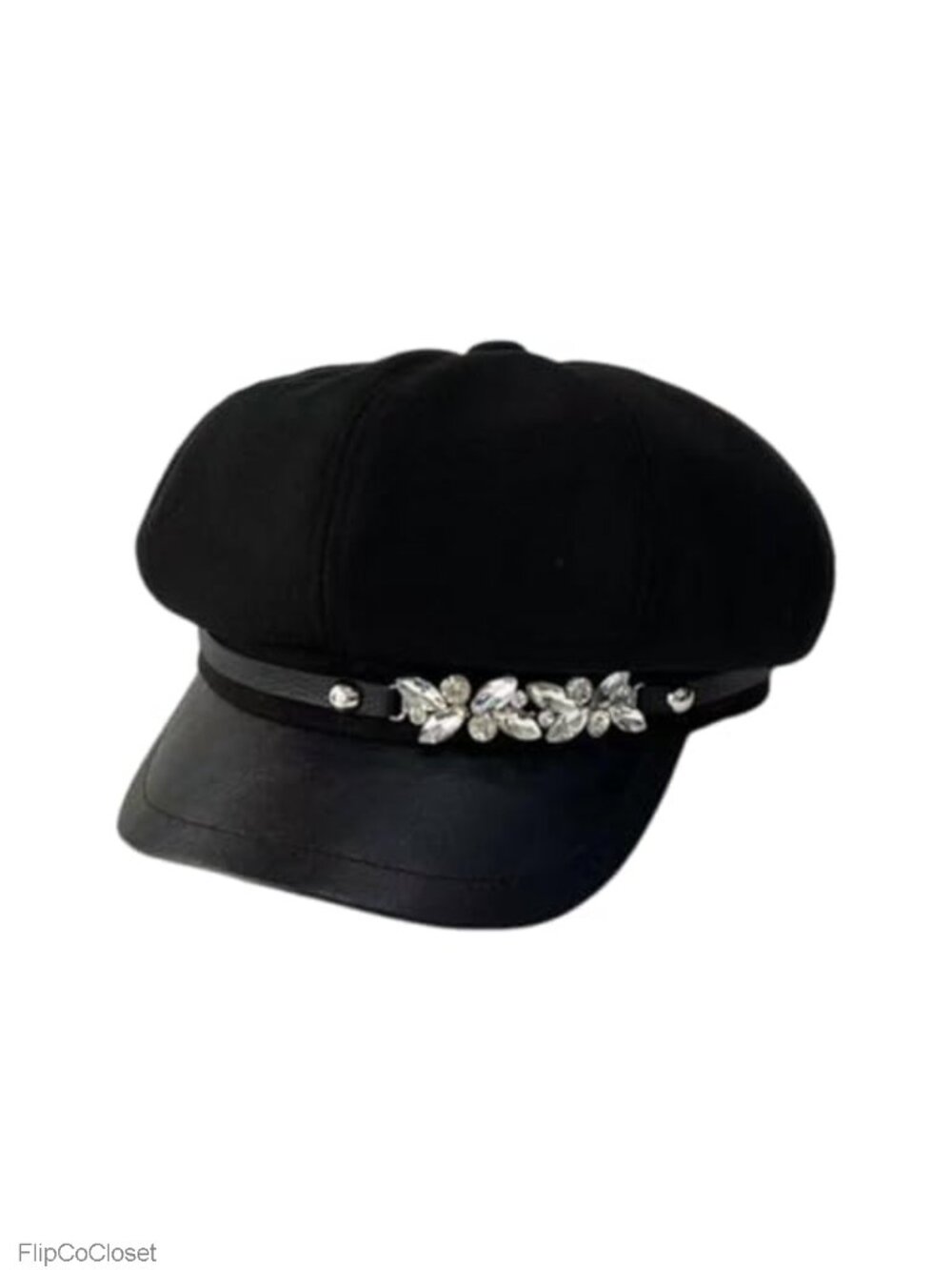 Women Newsboy Cap Bling Rhinestone PU Leather Cabbie Beret Hat
